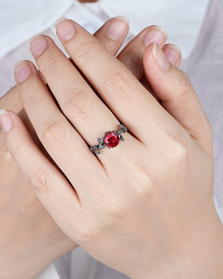 Black Gold Finish Round Ruby Engagement Ring, Rhodium Black Hip Hop Leaf Nature Inspired Ruby Promise Ring, Gothic Anniversary Gift for her - ShainJewelry