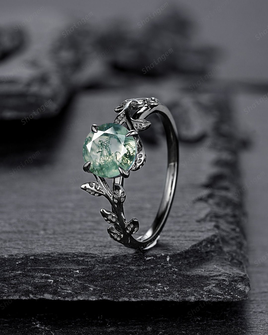 Black Gold Round Shape Moss Agate Solitaire Engagement Ring, Rhodium Black Leaf Nature Inspired Promise Ring, Gothic Anniversary Gift - ShainJewelry