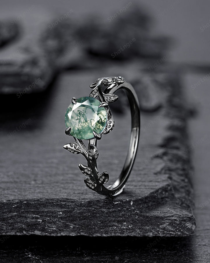 Black Gold Round Shape Moss Agate Solitaire Engagement Ring, Rhodium Black Leaf Nature Inspired Promise Ring, Gothic Anniversary Gift - ShainJewelry