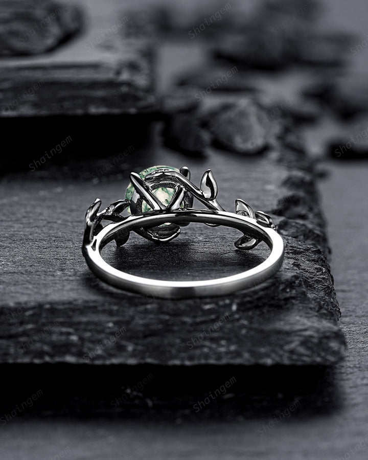 Black Gold Round Shape Moss Agate Solitaire Engagement Ring, Rhodium Black Leaf Nature Inspired Promise Ring, Gothic Anniversary Gift - ShainJewelry