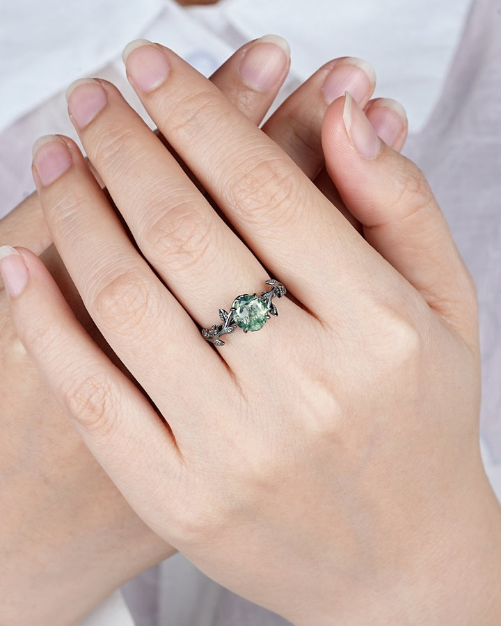 Black Gold Round Shape Moss Agate Solitaire Engagement Ring, Rhodium Black Leaf Nature Inspired Promise Ring, Gothic Anniversary Gift - ShainJewelry