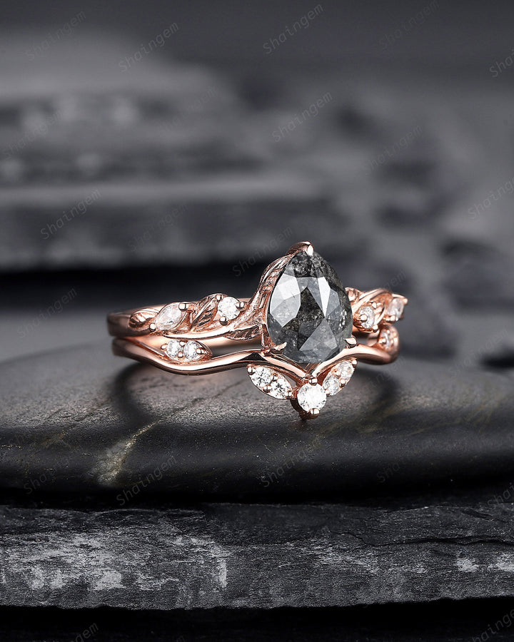 Pear Shape Salt and Pepper Diamond Vine Engagement Ring Set, Rose Gold Natural Black Diamond Twig Branch Promise Ring, Leaf Anniversary Ring - ShainJewelry