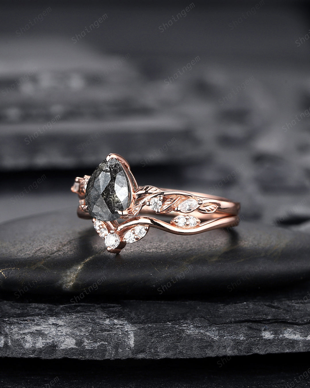 Pear Shape Salt and Pepper Diamond Vine Engagement Ring Set, Rose Gold Natural Black Diamond Twig Branch Promise Ring, Leaf Anniversary Ring - ShainJewelry