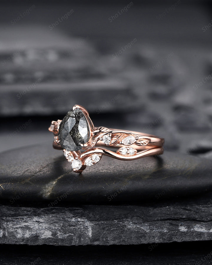 Pear Shape Salt and Pepper Diamond Vine Engagement Ring Set, Rose Gold Natural Black Diamond Twig Branch Promise Ring, Leaf Anniversary Ring - ShainJewelry