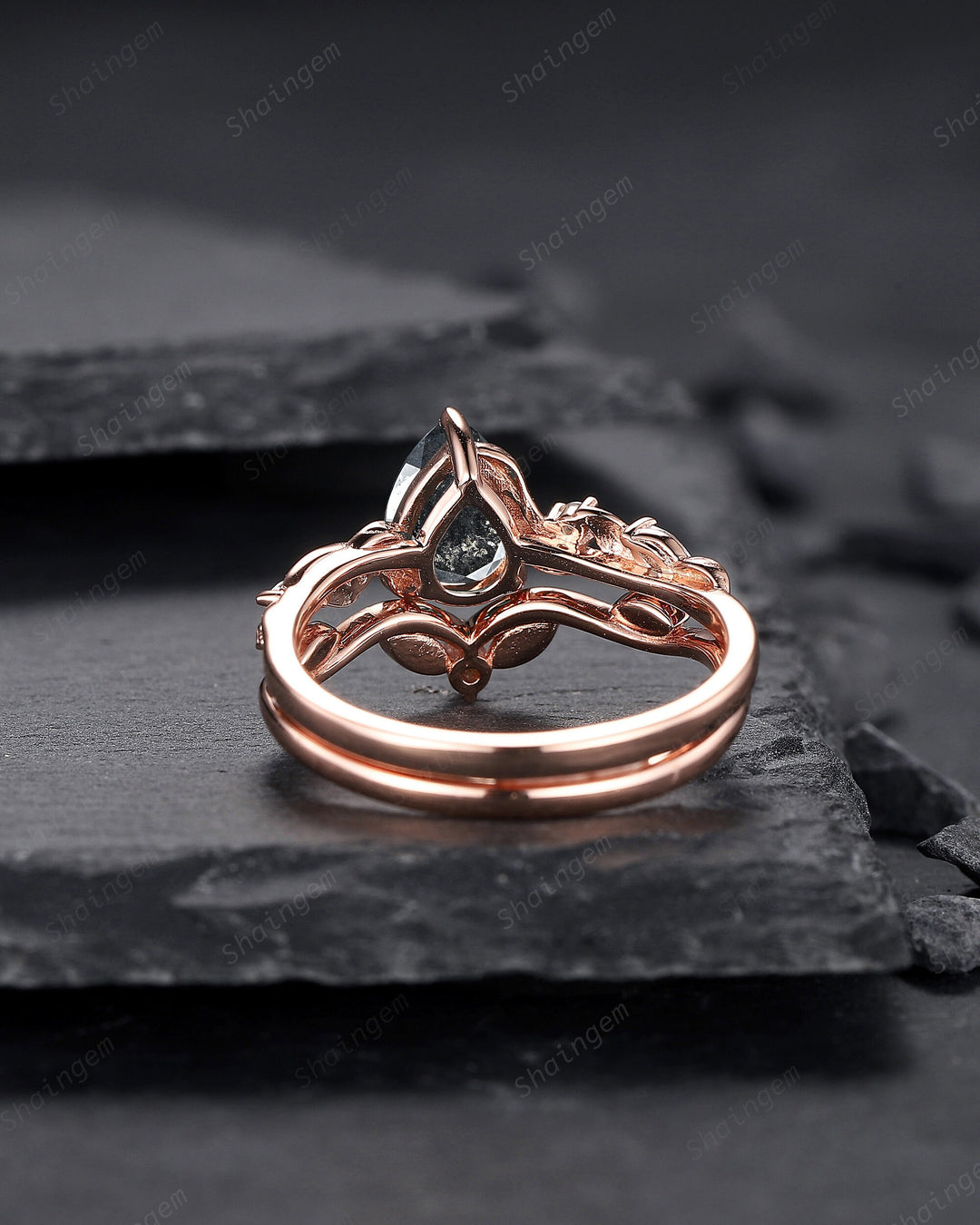 Pear Shape Salt and Pepper Diamond Vine Engagement Ring Set, Rose Gold Natural Black Diamond Twig Branch Promise Ring, Leaf Anniversary Ring - ShainJewelry