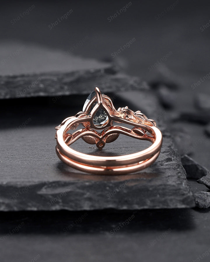Pear Shape Salt and Pepper Diamond Vine Engagement Ring Set, Rose Gold Natural Black Diamond Twig Branch Promise Ring, Leaf Anniversary Ring - ShainJewelry