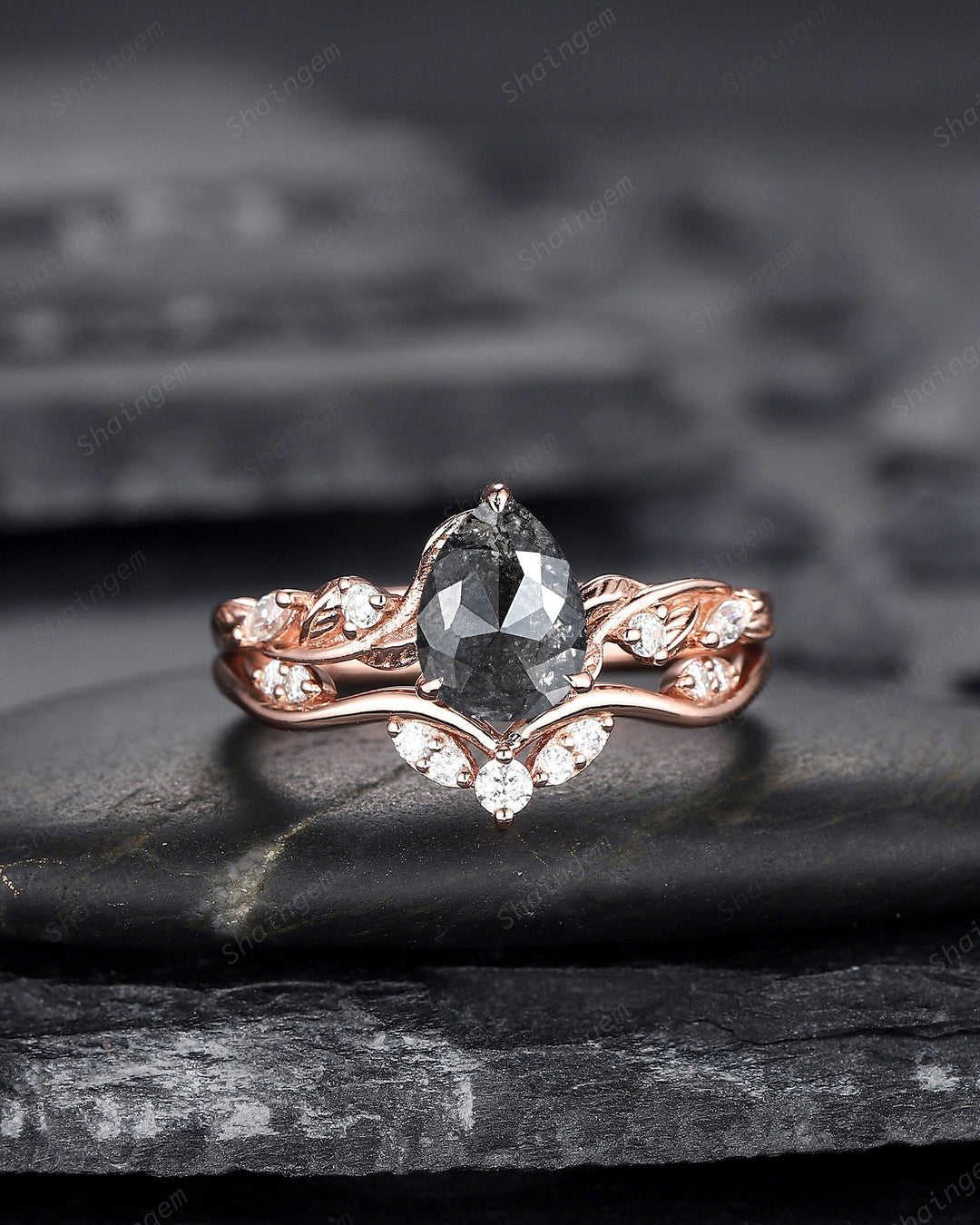 Pear Shape Salt and Pepper Diamond Vine Engagement Ring Set, Rose Gold Natural Black Diamond Twig Branch Promise Ring, Leaf Anniversary Ring - ShainJewelry