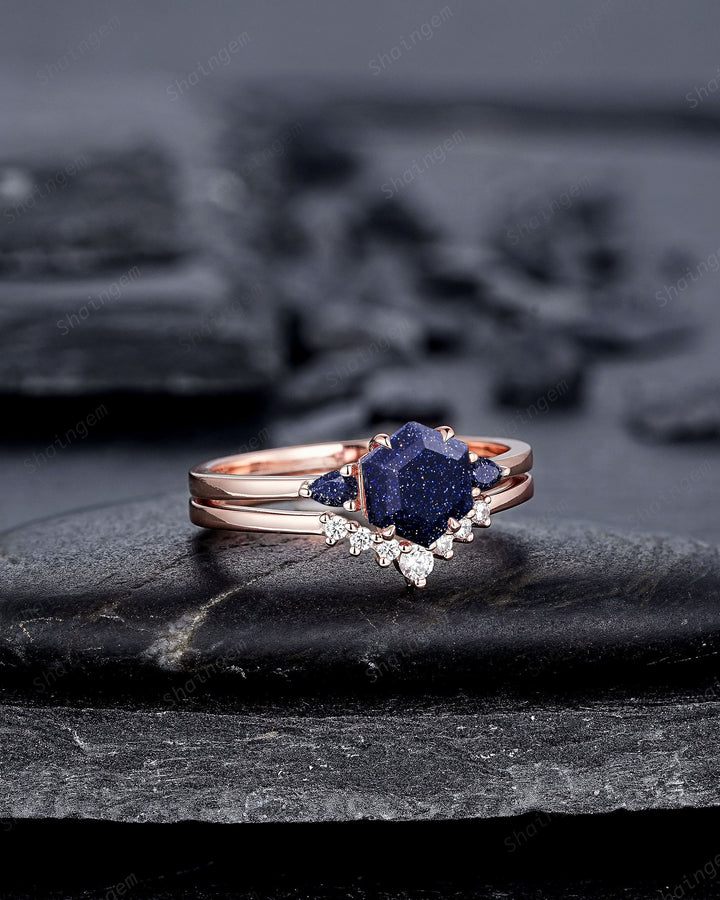 Vintage Hexagon Cut Blue Sandstone Engagement Ring Set, Unique 14K Rose Gold Three Stones Promise Ring, Sparkle Starry Stone Wedding Ring - ShainJewelry