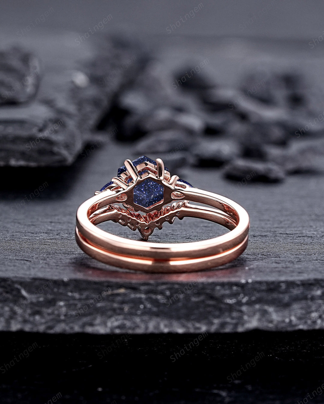 Vintage Hexagon Cut Blue Sandstone Engagement Ring Set, Unique 14K Rose Gold Three Stones Promise Ring, Sparkle Starry Stone Wedding Ring - ShainJewelry