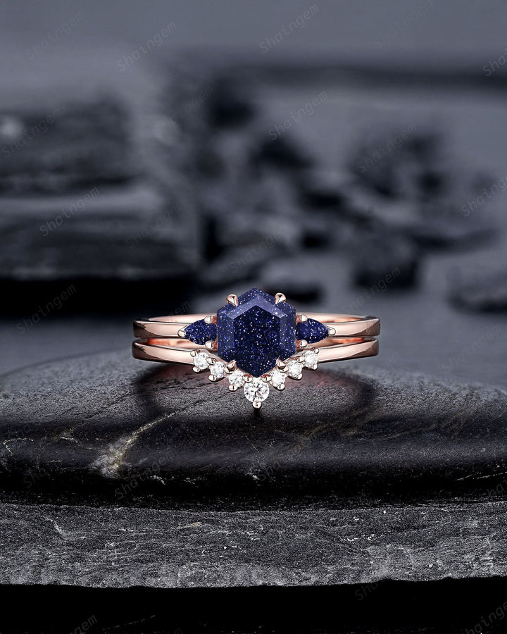 Vintage Hexagon Cut Blue Sandstone Engagement Ring Set, Unique 14K Rose Gold Three Stones Promise Ring, Sparkle Starry Stone Wedding Ring - ShainJewelry