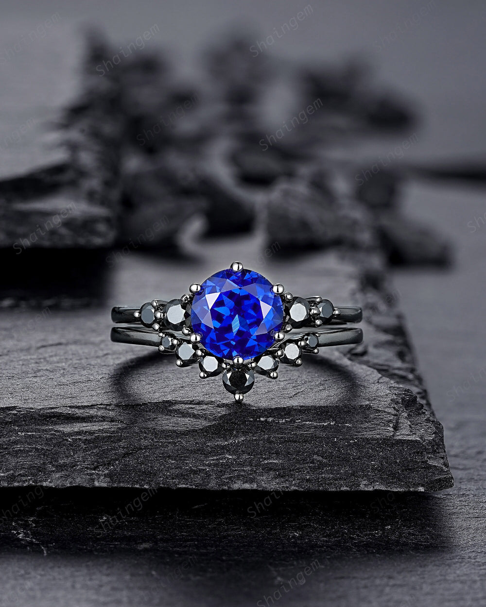 Vintage Black Gold Round Shape Blue Sapphire Engagement Ring, Black Rhodium Sapphire Wedding Set, Unique Dark Bridal Set, Black Promise Ring - ShainJewelry