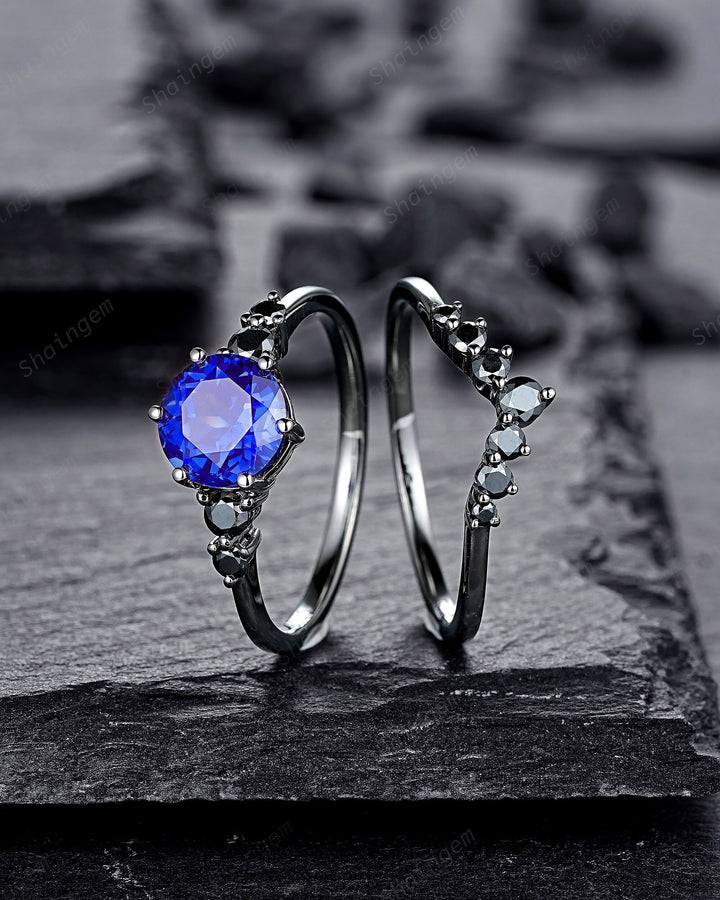 Vintage Black Gold Round Shape Blue Sapphire Engagement Ring, Black Rhodium Sapphire Wedding Set, Unique Dark Bridal Set, Black Promise Ring - ShainJewelry