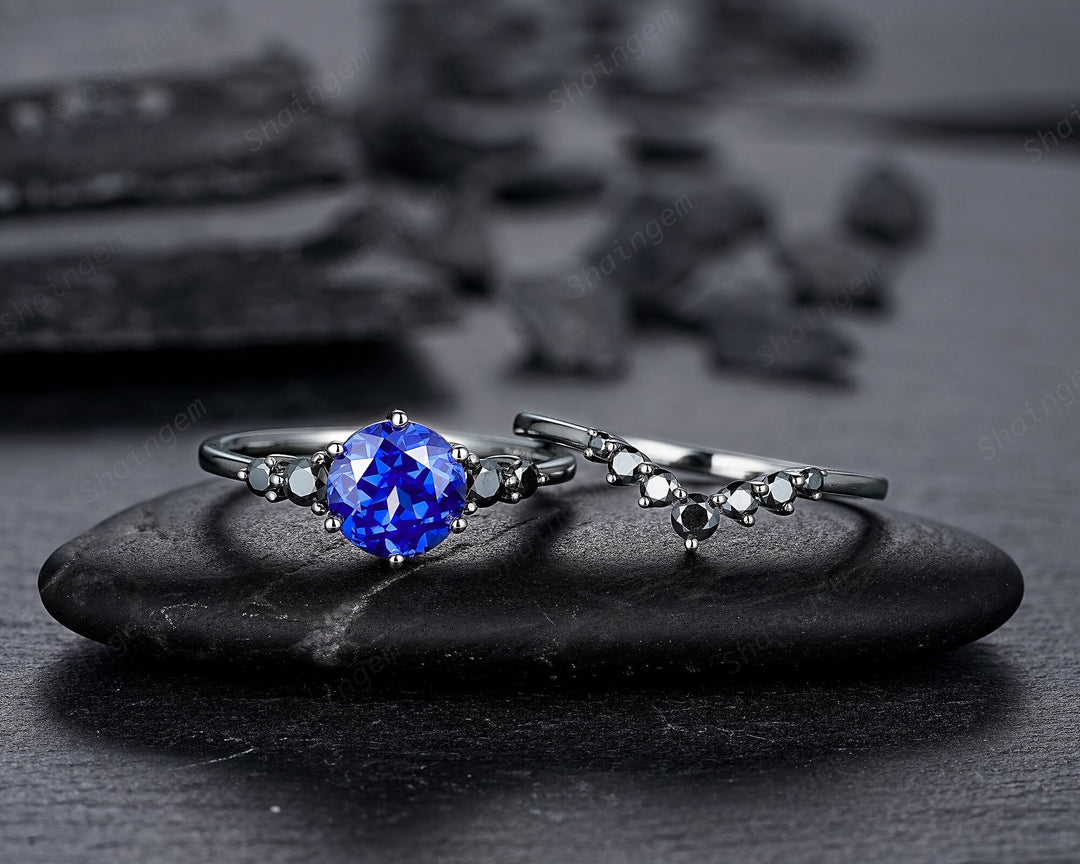 Vintage Black Gold Round Shape Blue Sapphire Engagement Ring, Black Rhodium Sapphire Wedding Set, Unique Dark Bridal Set, Black Promise Ring - ShainJewelry