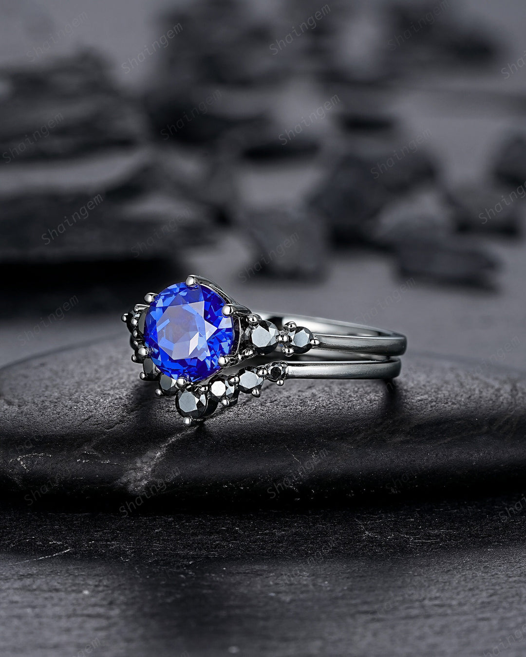 Vintage Black Gold Round Shape Blue Sapphire Engagement Ring, Black Rhodium Sapphire Wedding Set, Unique Dark Bridal Set, Black Promise Ring - ShainJewelry