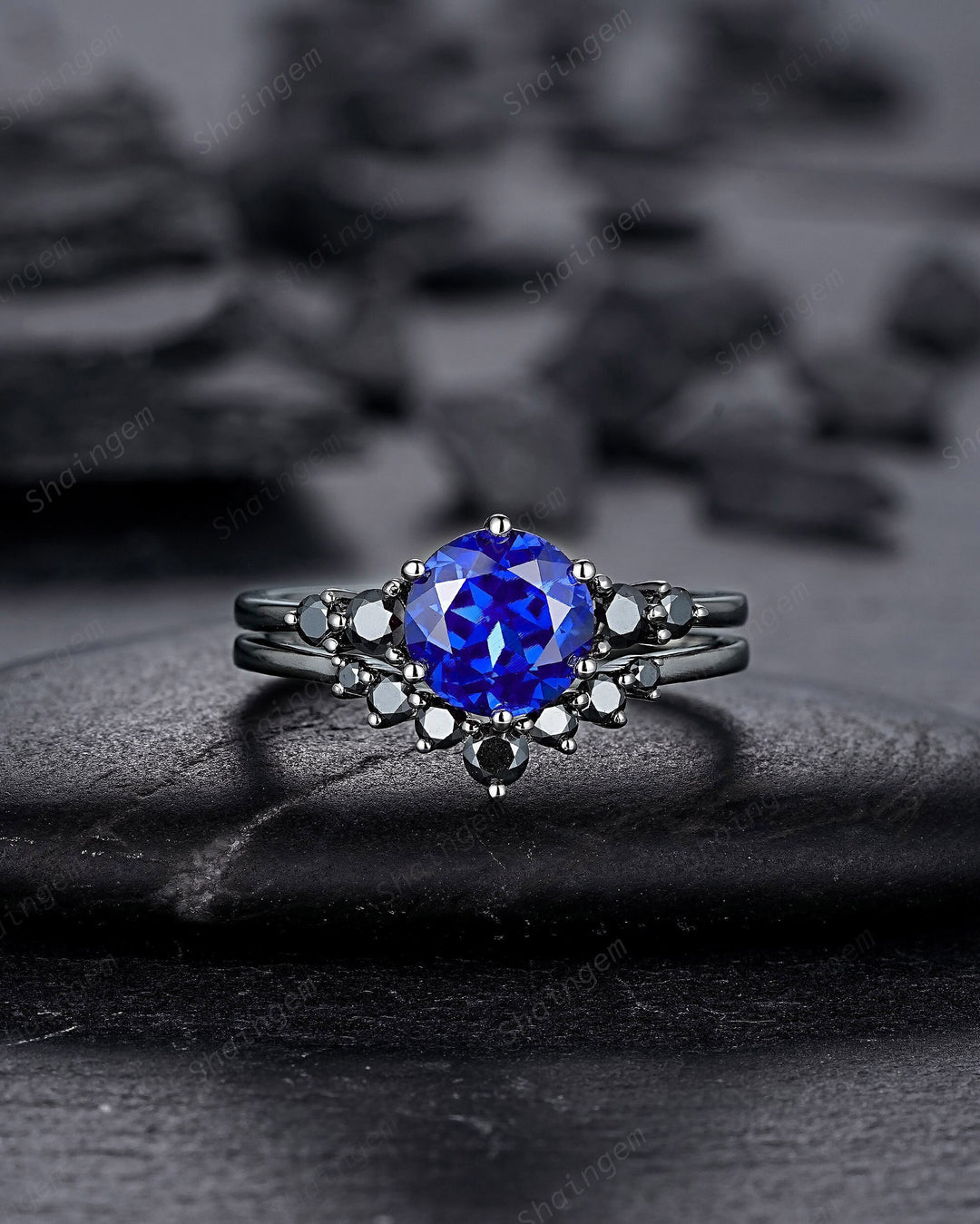 Vintage Black Gold Round Shape Blue Sapphire Engagement Ring, Black Rhodium Sapphire Wedding Set, Unique Dark Bridal Set, Black Promise Ring - ShainJewelry