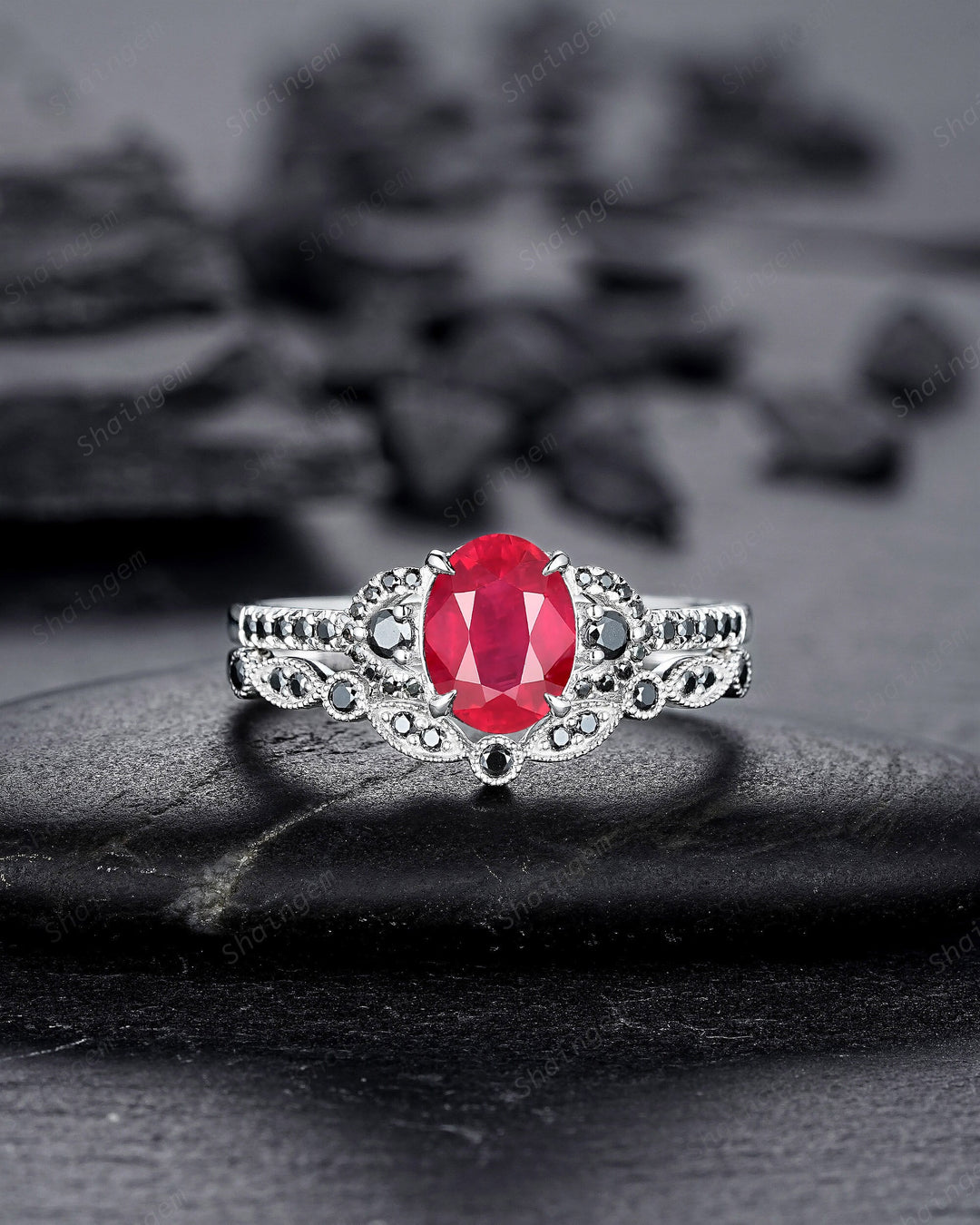 Platinum Oval Shape Natural African Ruby Engagement Ring Set, Unique 14K White Gold Black Moissanite Wedding Ring, Vinate Promise Ring Gift - ShainJewelry