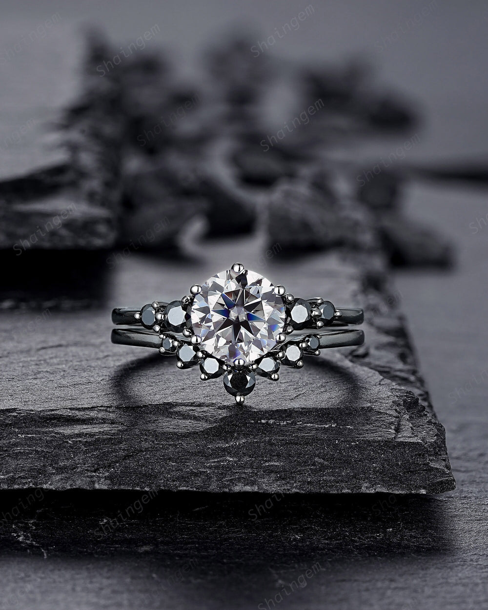 Vintage Black Gold Round Gray Moissanite Engagement Ring, Rhodium Black Grey Moissanite Wedding Ring Set, Gothic Bridal Set Promise Ring - ShainJewelry