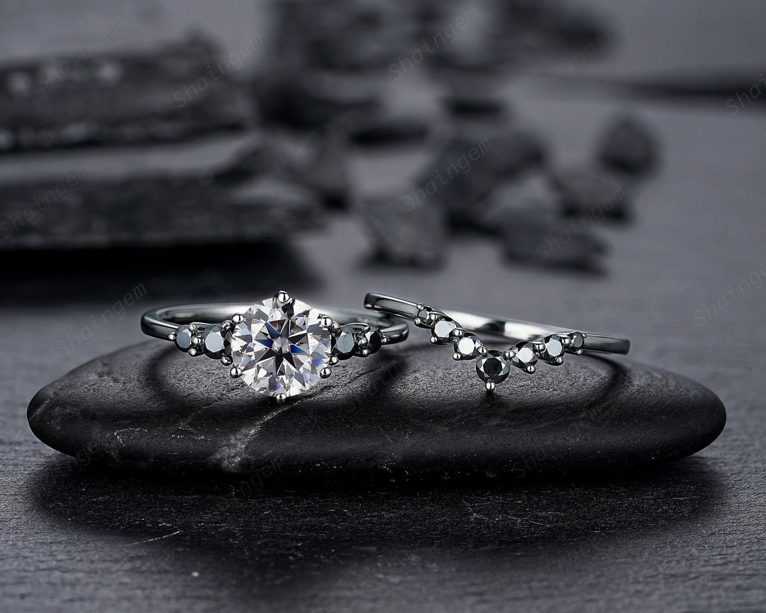 Vintage Black Gold Round Gray Moissanite Engagement Ring, Rhodium Black Grey Moissanite Wedding Ring Set, Gothic Bridal Set Promise Ring - ShainJewelry