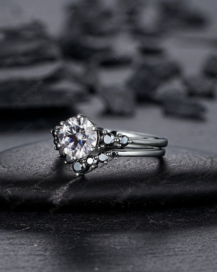 Vintage Black Gold Round Gray Moissanite Engagement Ring, Rhodium Black Grey Moissanite Wedding Ring Set, Gothic Bridal Set Promise Ring - ShainJewelry