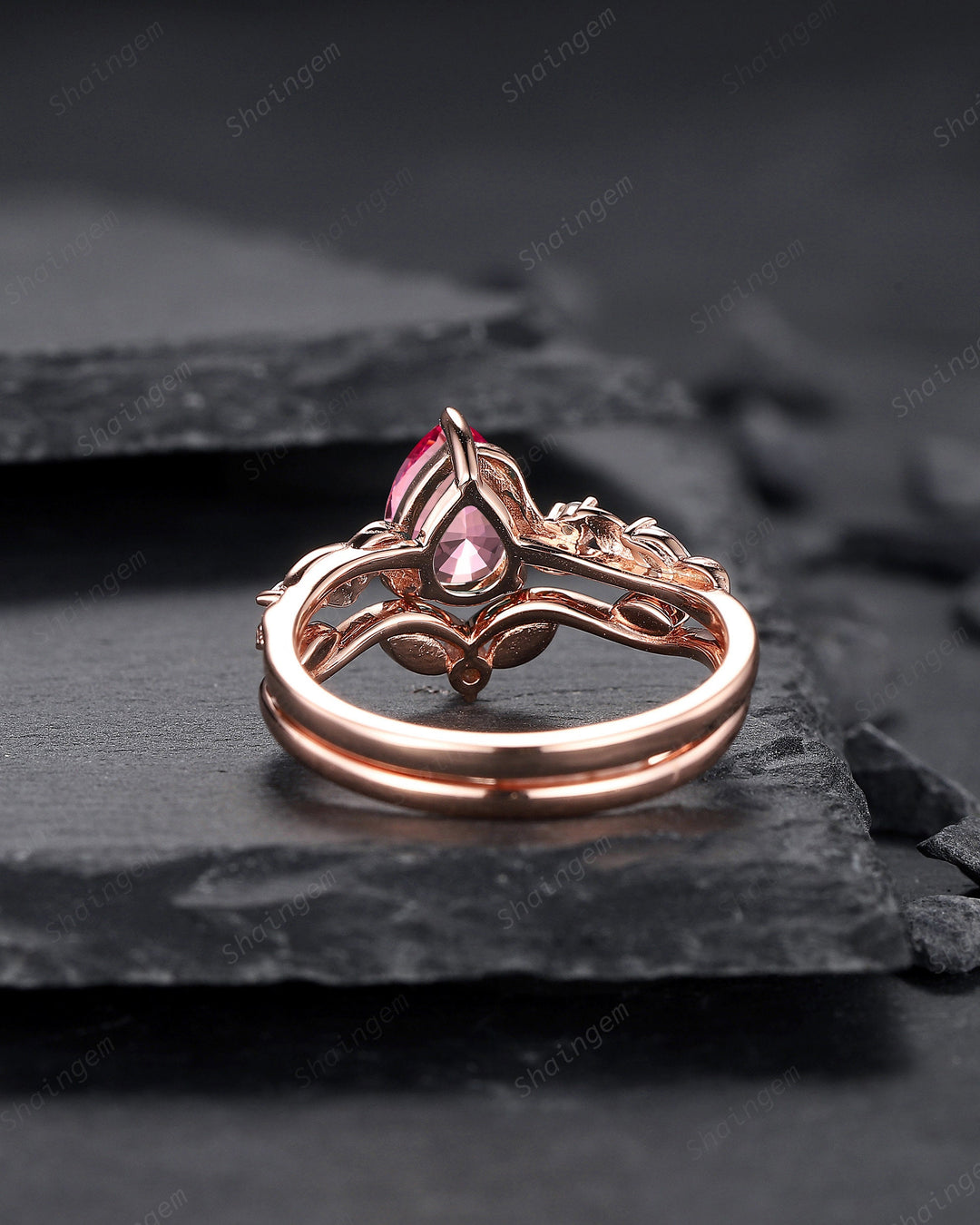 Vintage Pear Shape Padparadscha Pink Sapphire and Moissanite Engagement Ring Set, Rose Gold Twig Branch Wedding Ring Bridal Set, Promise Ring - ShainJewelry