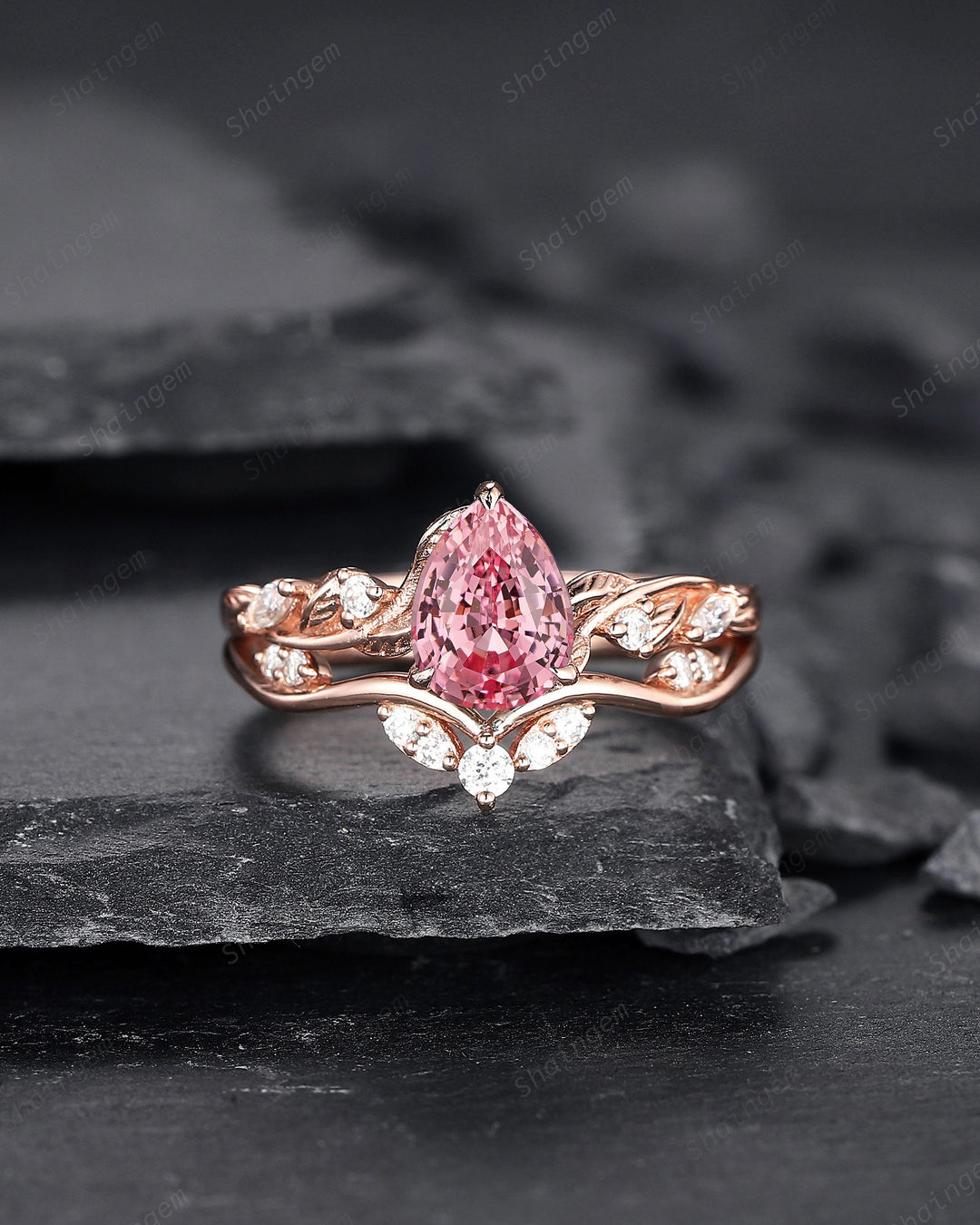 Vintage Pear Shape Padparadscha Pink Sapphire and Moissanite Engagement Ring Set, Rose Gold Twig Branch Wedding Ring Bridal Set, Promise Ring - ShainJewelry
