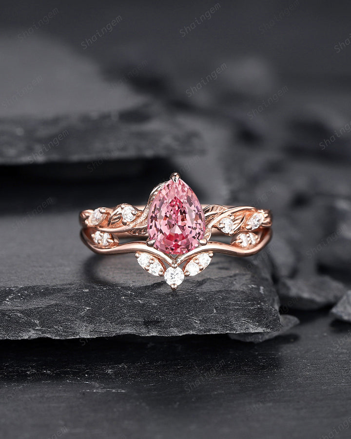 Vintage Pear Shape Padparadscha Pink Sapphire and Moissanite Engagement Ring Set, Rose Gold Twig Branch Wedding Ring Bridal Set, Promise Ring - ShainJewelry