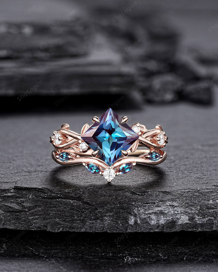 Princess Cut Alexandrite Engagement Ring Set, 14K Rose Gold June Birthstone Leaf Promise Ring, Nature Inspired Twig Branch Vine Wedding Set - ShainJewelry