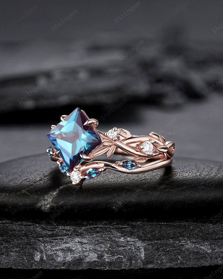Princess Cut Alexandrite Engagement Ring Set, 14K Rose Gold June Birthstone Leaf Promise Ring, Nature Inspired Twig Branch Vine Wedding Set - ShainJewelry