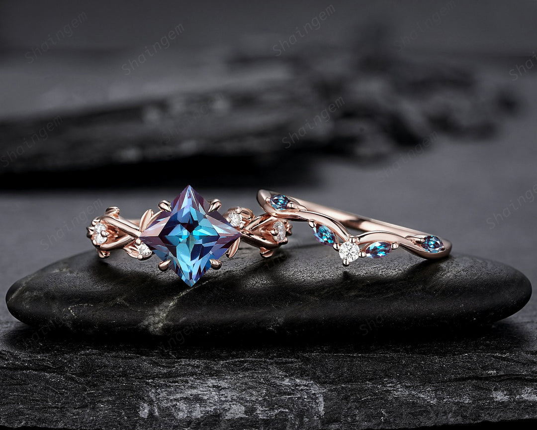 Princess Cut Alexandrite Engagement Ring Set, 14K Rose Gold June Birthstone Leaf Promise Ring, Nature Inspired Twig Branch Vine Wedding Set - ShainJewelry