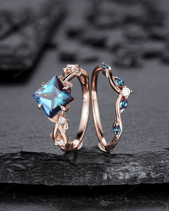 Princess Cut Alexandrite Engagement Ring Set, 14K Rose Gold June Birthstone Leaf Promise Ring, Nature Inspired Twig Branch Vine Wedding Set - ShainJewelry