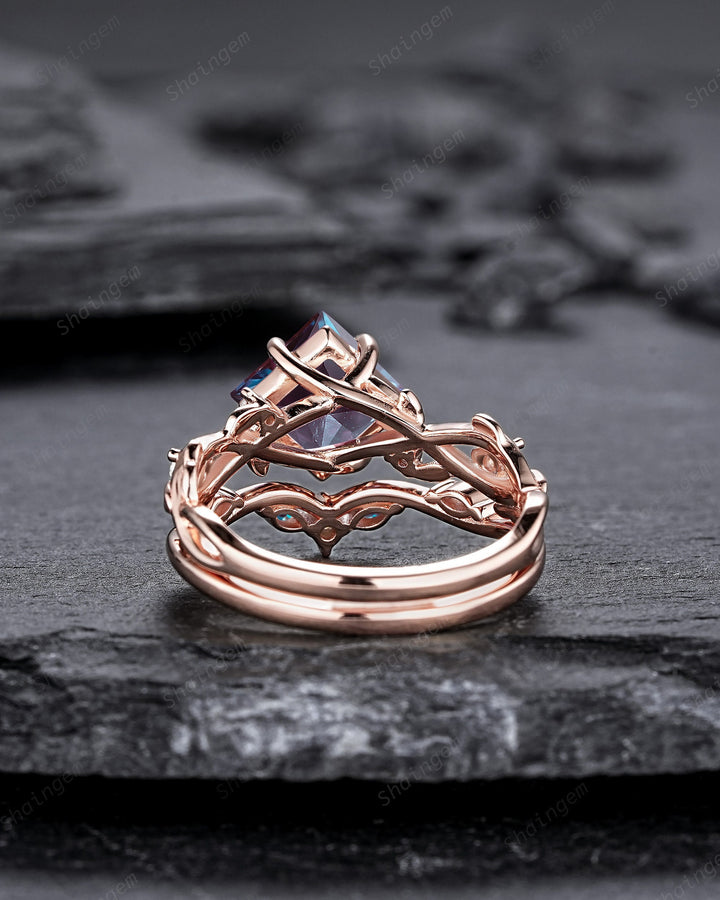 Princess Cut Alexandrite Engagement Ring Set, 14K Rose Gold June Birthstone Leaf Promise Ring, Nature Inspired Twig Branch Vine Wedding Set - ShainJewelry