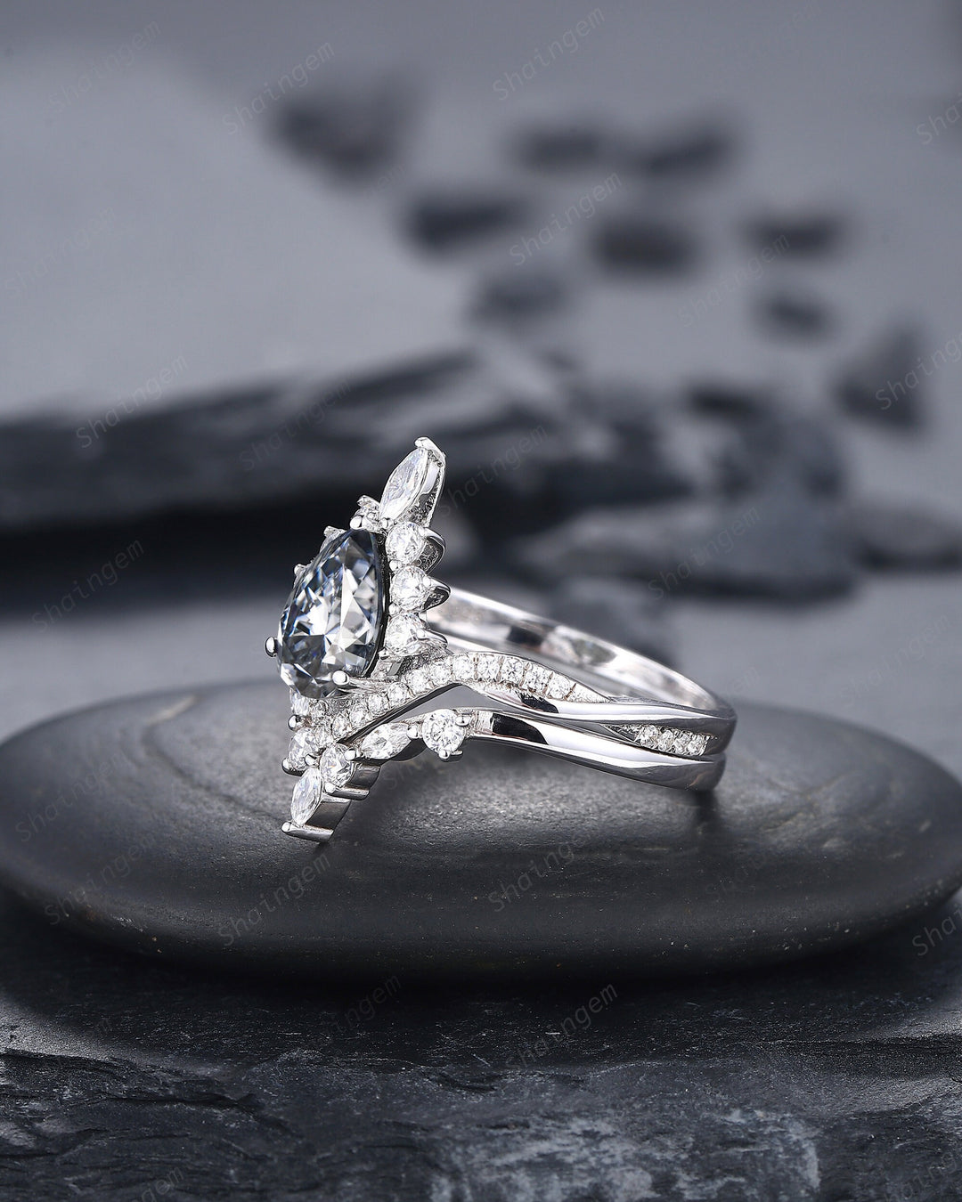 Platinum Pear Shape Gray Moissanite and Diamond Engagement Ring Set, 14K White Gold Halo Wedding Ring Bridal Set, V Shape Promise Ring Gift - ShainJewelry