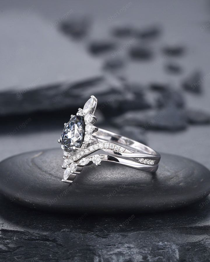 Platinum Pear Shape Gray Moissanite and Diamond Engagement Ring Set, 14K White Gold Halo Wedding Ring Bridal Set, V Shape Promise Ring Gift - ShainJewelry