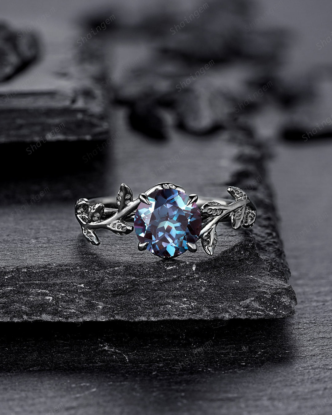 Unique Black Gold Round Shape Alexandrite Engagement Ring, Vintage Rhodium Black Hip Hop Leaf Wedding Ring June Birthstone Promise Ring Gift - ShainJewelry