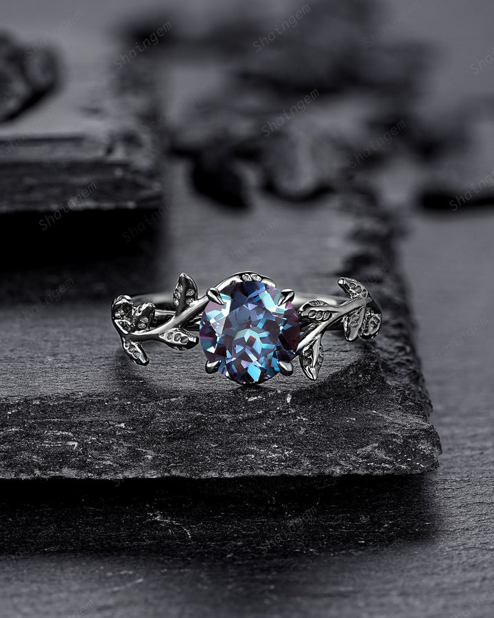 Unique Black Gold Round Shape Alexandrite Engagement Ring, Vintage Rhodium Black Hip Hop Leaf Wedding Ring June Birthstone Promise Ring Gift - ShainJewelry