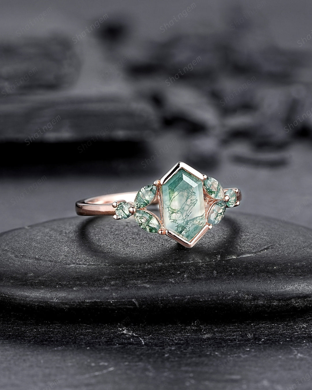 Vintage Hexagon Cut Cluster Moss Agate Engagement Ring, Silver Moss Agate Promise Ring, 14K Rose Gold Wedding Ring Anniversary Gift for her - ShainJewelry
