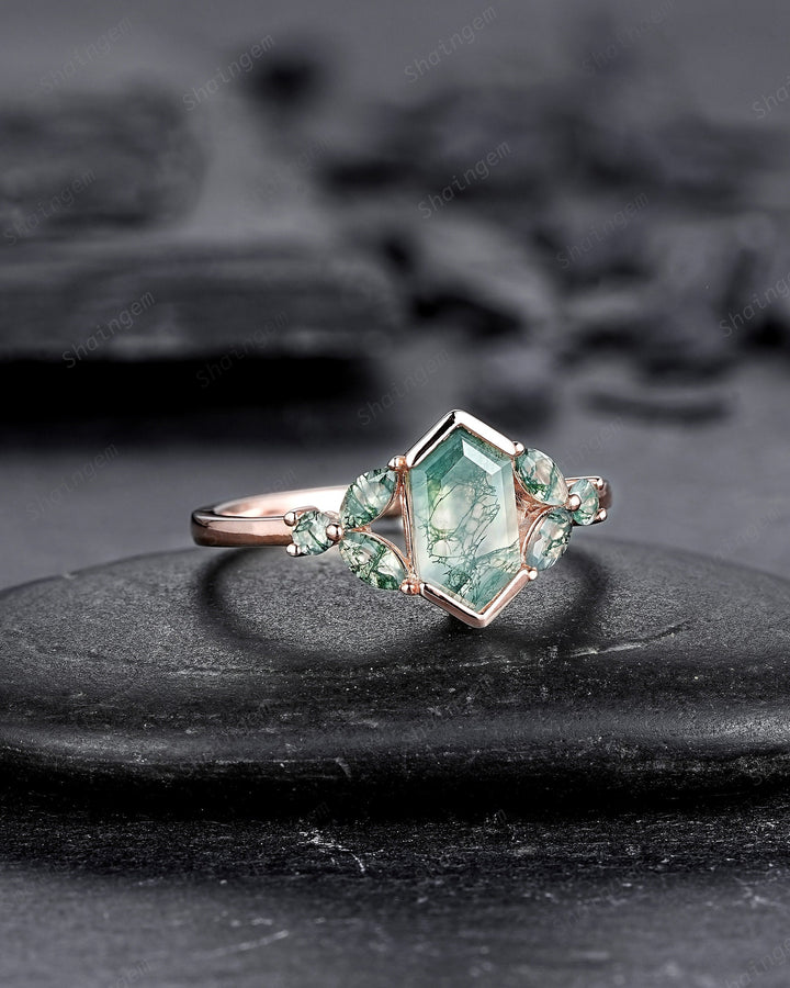 Vintage Hexagon Cut Cluster Moss Agate Engagement Ring, Silver Moss Agate Promise Ring, 14K Rose Gold Wedding Ring Anniversary Gift for her - ShainJewelry