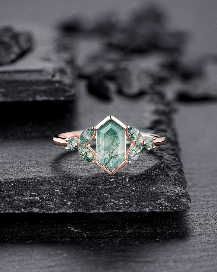 Vintage Hexagon Cut Cluster Moss Agate Engagement Ring, Silver Moss Agate Promise Ring, 14K Rose Gold Wedding Ring Anniversary Gift for her - ShainJewelry