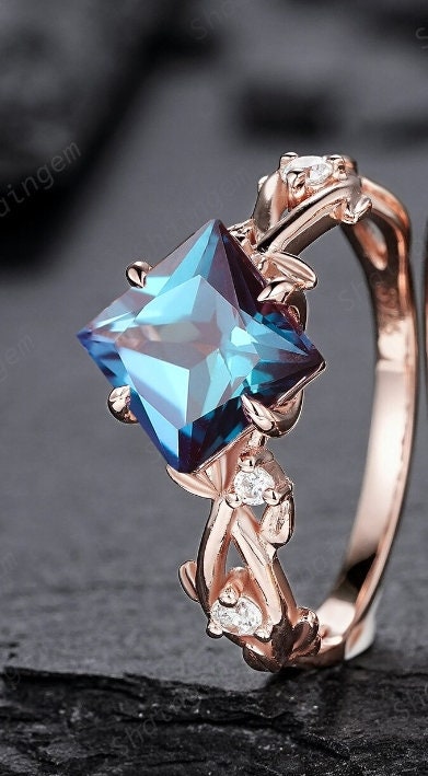 Princess Cut Alexandrite Engagement Ring Set, 14K Rose Gold June Birthstone Leaf Promise Ring, Nature Inspired Twig Branch Vine Wedding Set - ShainJewelry