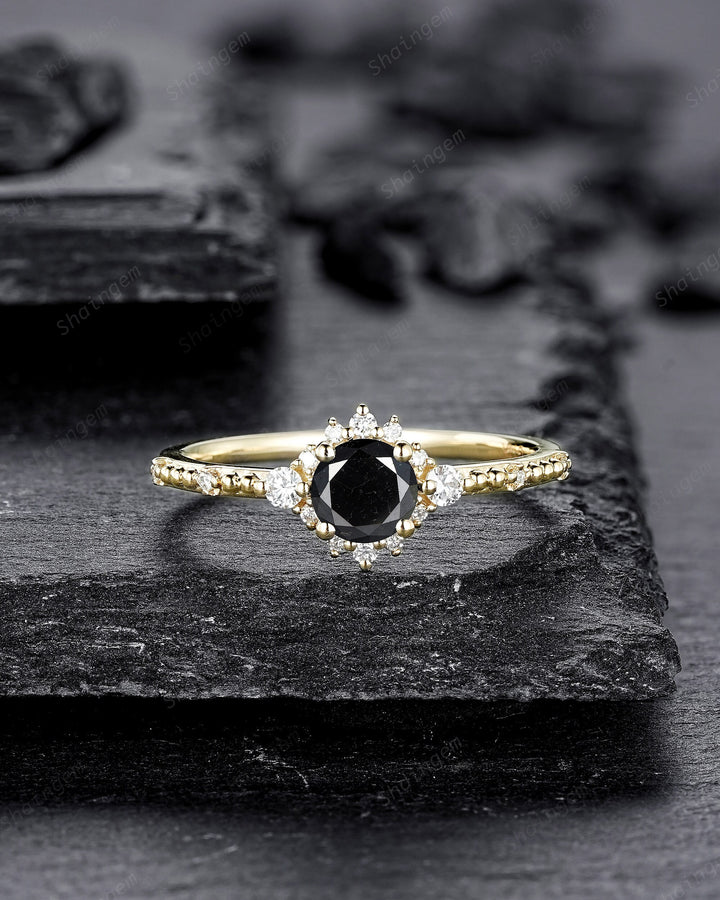0.5 CT Natural Black Diamond Engagement Ring ,Round Shape 14K 18K Yellow Gold Halo Promise Ring, Black Diamond Wedding Anniversary Ring Gift - ShainJewelry