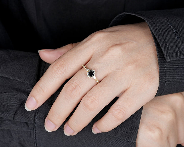 0.5 CT Natural Black Diamond Engagement Ring ,Round Shape 14K 18K Yellow Gold Halo Promise Ring, Black Diamond Wedding Anniversary Ring Gift - ShainJewelry