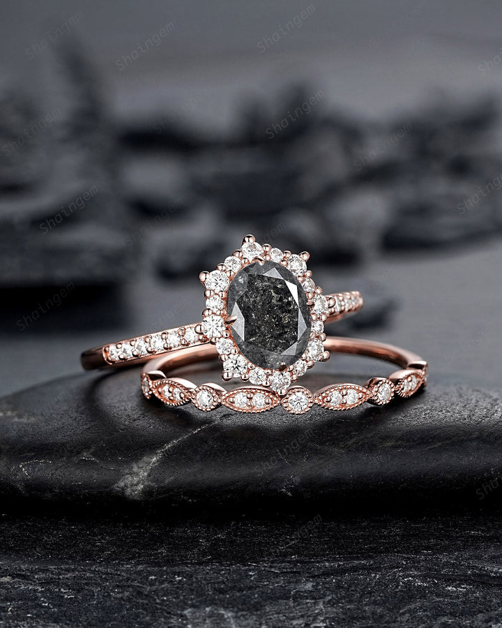 Natural Salt and Pepper Diamond Engagement Ring Set, Gray Diamond Floral Halo Promise Ring, Rose Gold Oval Shape Black Diamond Wedding Ring - ShainJewelry