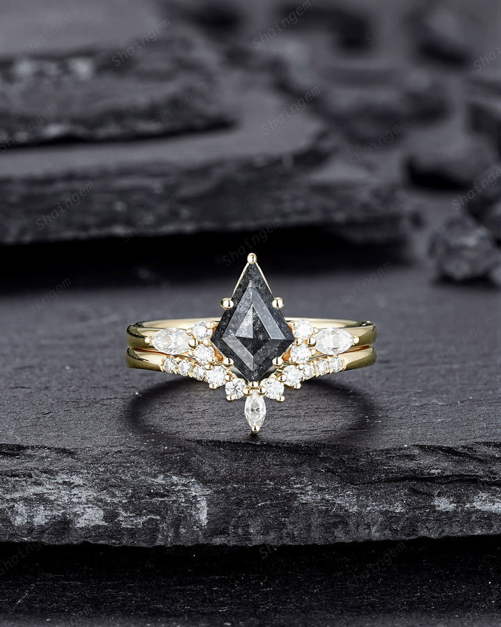 Natural Salt and Pepper Diamond Engagement Ring Set, 18K Yellow Gold Kite Cut Black Diamond Promise Ring, Gray Diamond Wedding Ring Gift - ShainJewelry