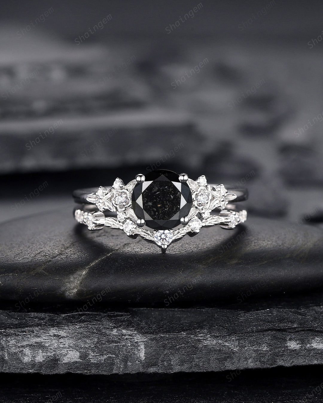 1.5 CT Round Shape Black Diamond Floral Engagement Ring Set, White Gold Black Diamond Promise Ring, Flower Wedding Anniversary Ring for her - ShainJewelry