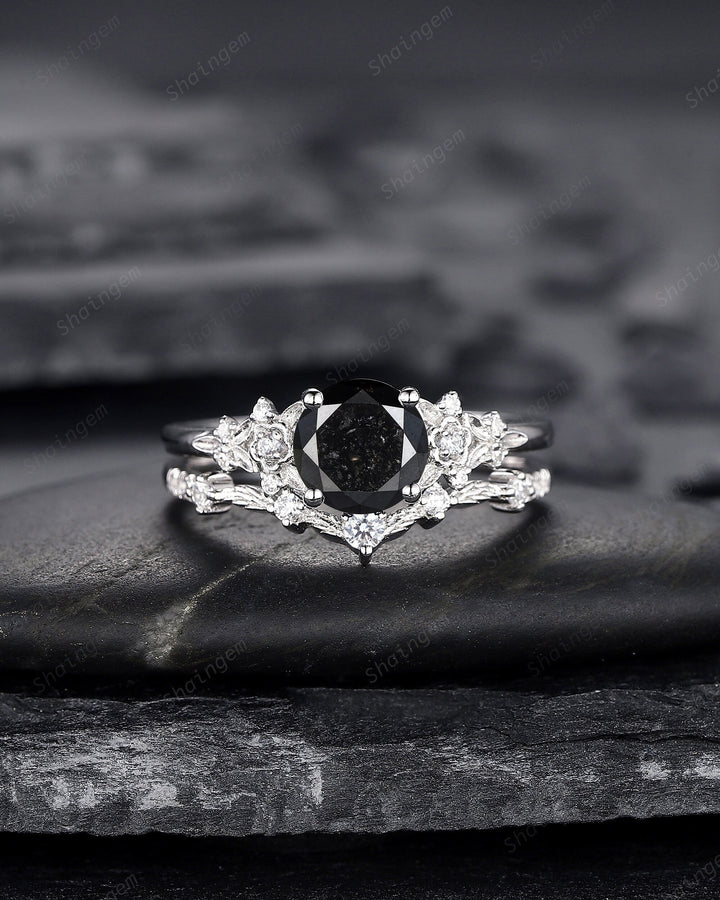 1.5 CT Round Shape Black Diamond Floral Engagement Ring Set, White Gold Black Diamond Promise Ring, Flower Wedding Anniversary Ring for her - ShainJewelry
