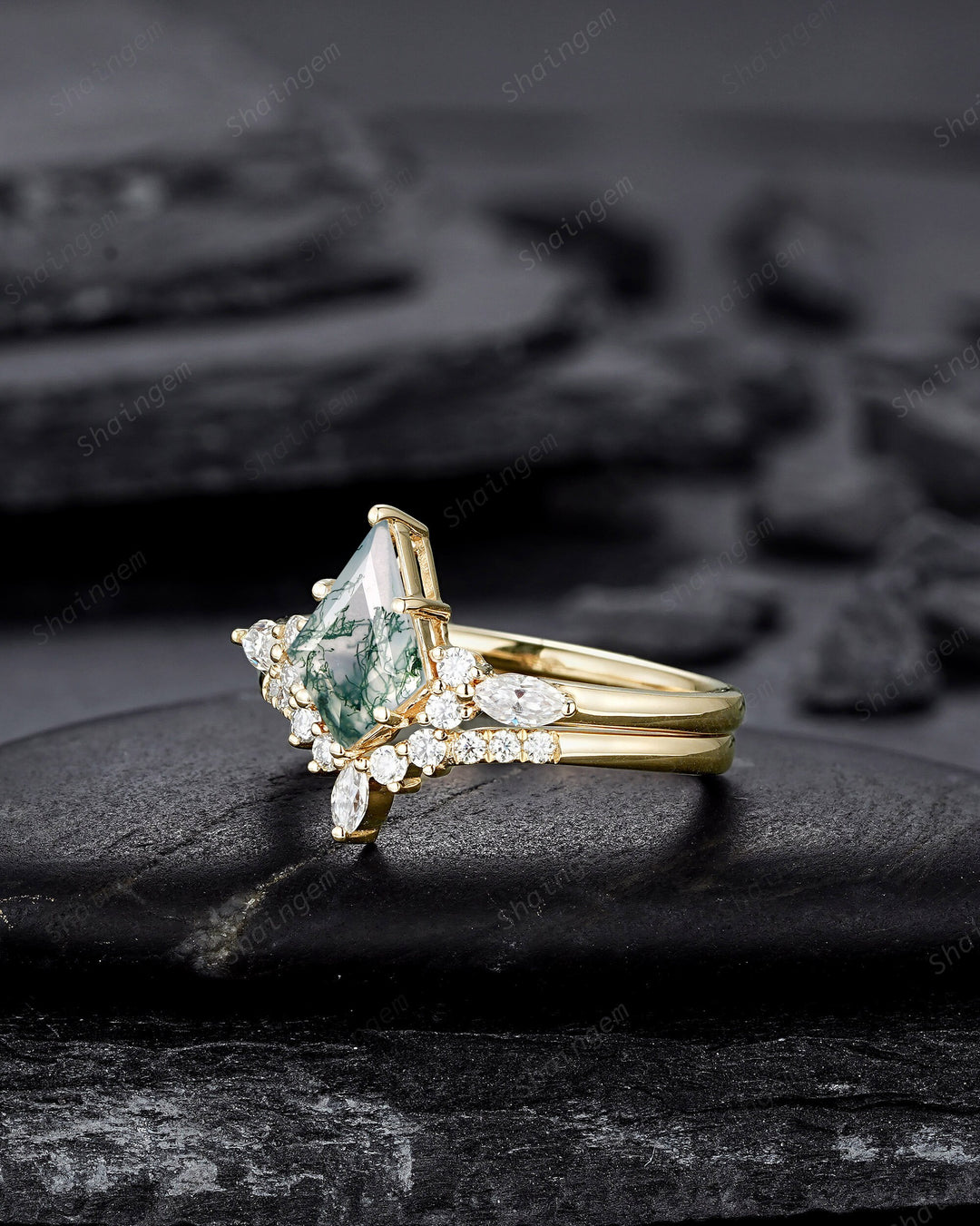 Vintage Kite Shape Moss Agate and Diamond Engagement Ring Set, 14K Yellow Gold Promise Ring, Wedding Ring Gift Bridal Set for Women - ShainJewelry