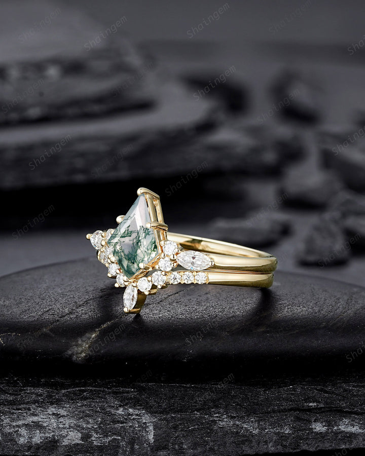 Vintage Kite Shape Moss Agate and Diamond Engagement Ring Set, 14K Yellow Gold Promise Ring, Wedding Ring Gift Bridal Set for Women - ShainJewelry