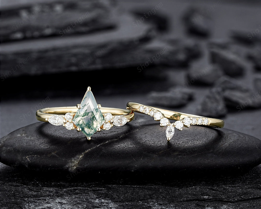 Vintage Kite Shape Moss Agate and Diamond Engagement Ring Set, 14K Yellow Gold Promise Ring, Wedding Ring Gift Bridal Set for Women - ShainJewelry