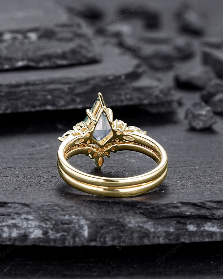 Vintage Kite Shape Moss Agate and Diamond Engagement Ring Set, 14K Yellow Gold Promise Ring, Wedding Ring Gift Bridal Set for Women - ShainJewelry