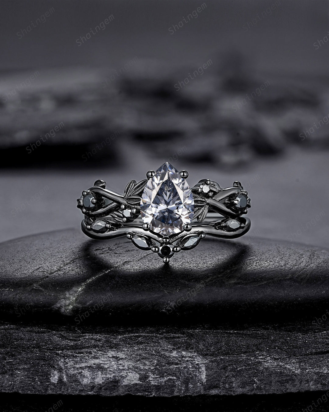 Rhodium Black Pear Cut Gray Moissanite Engagement Ring Set, Black Gold Leaf Promise Ring, Gothic Twig Branch Wedding Ring Gift for Women - ShainJewelry